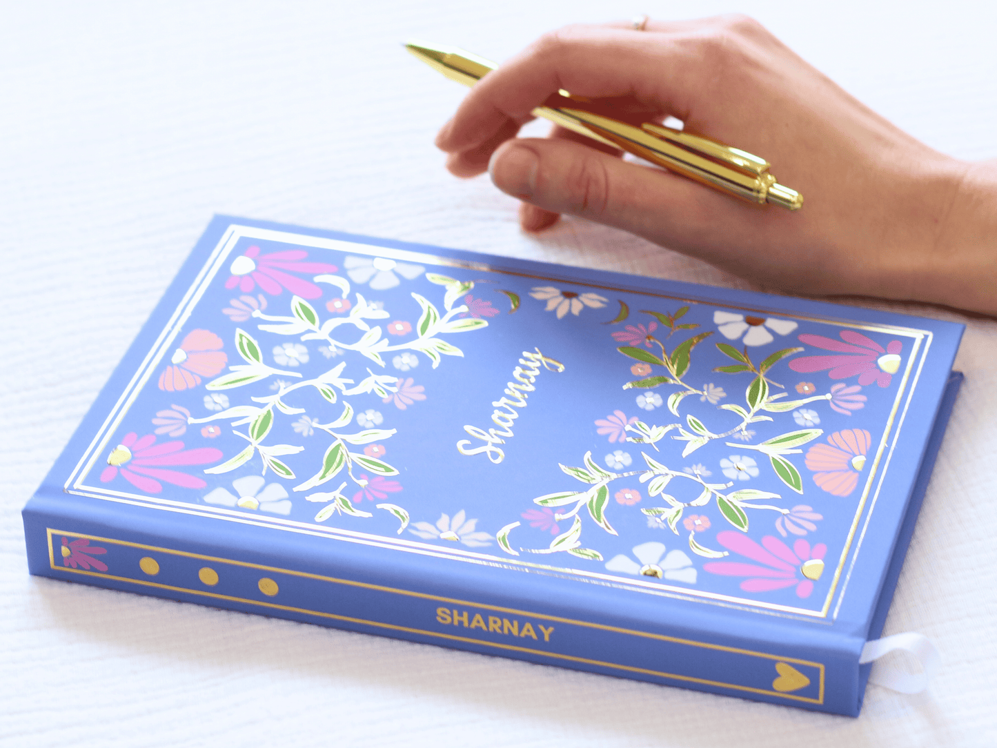Personalised Vintage Floral Gold Foiled Notebook (Blue)