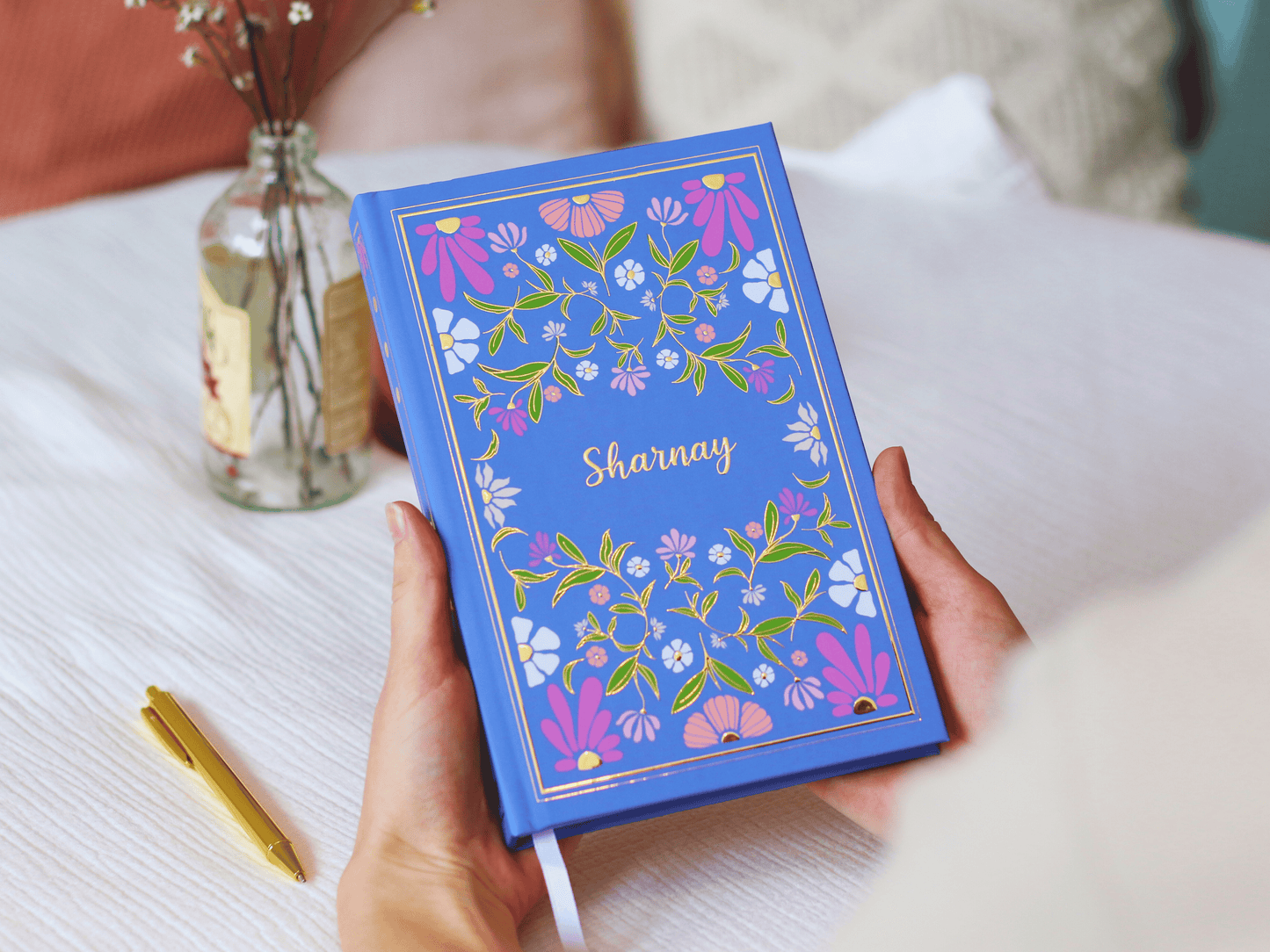Personalised Vintage Floral Gold Foiled Notebook (Blue)