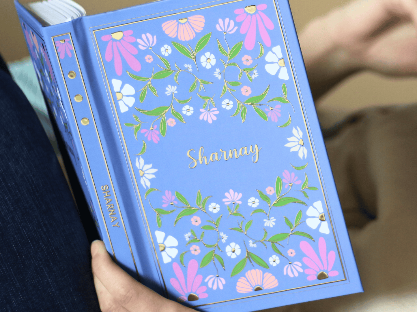 Personalised Vintage Floral Gold Foiled Notebook (Blue)