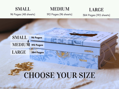 Three books of different sizes with text indicating page count and size options.